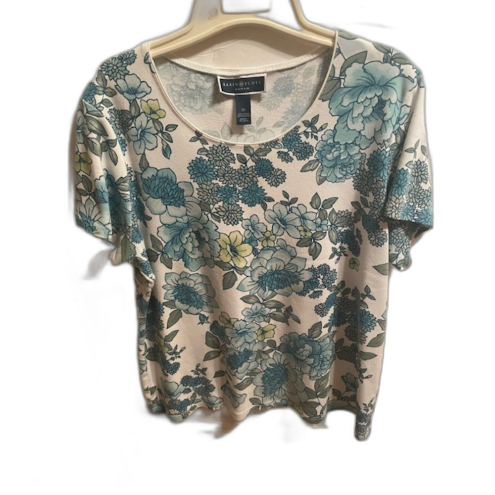 Karen Scott Short Sleeve Floral Tee Blue Teal 1X